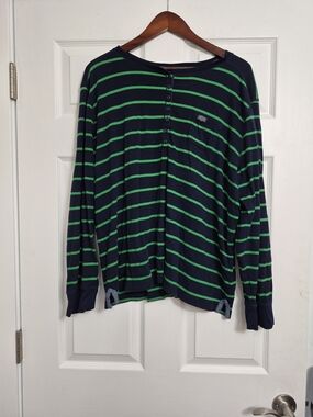 Polo by Ralph Lauren Navy and Green Striped Button-Front Long Sleeve Sweater